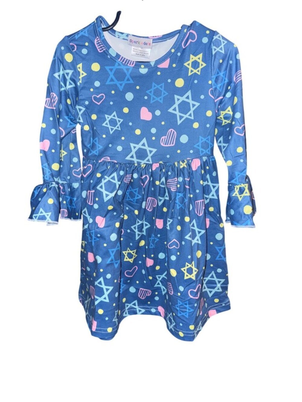 Sparkledots Girls Blue Star Of David Dress With Hearts & Polka Dots Long Sleeves